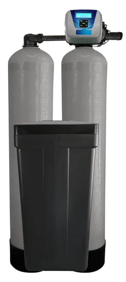 The Allegheny Twin twin-tank water softener with carbon filtration: two media tanks and a black brine tank