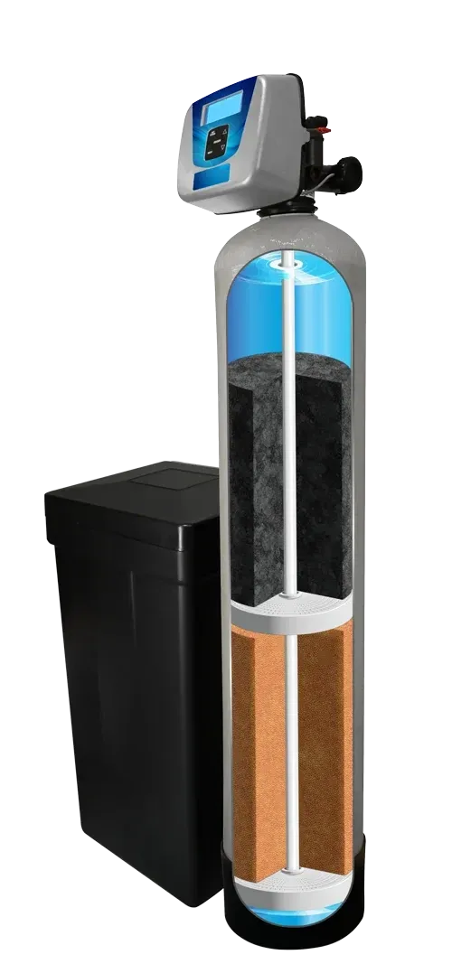The Allegheny water softener with integrated filtration, shown in cutaway view with its media layers, digital control head and brine tank