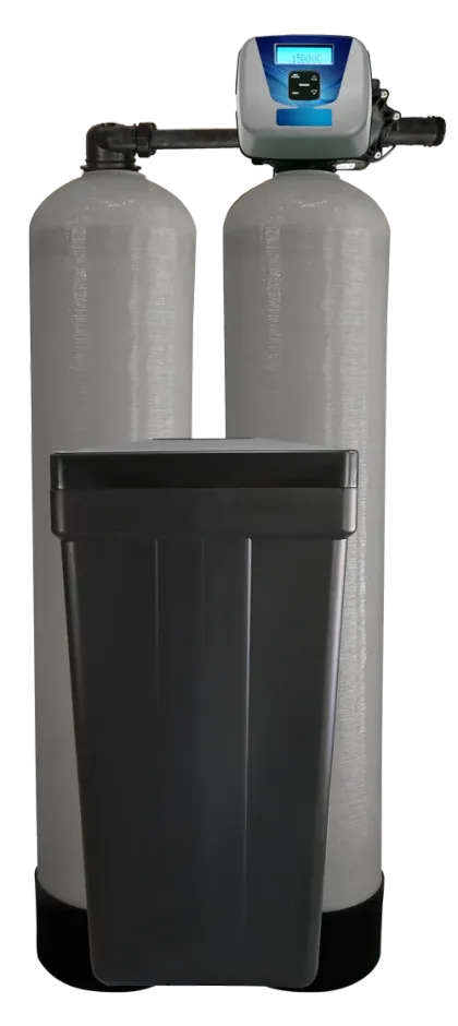 The Allegheny Twin twin-tank water softener with carbon filtration: two media tanks and a black brine tank