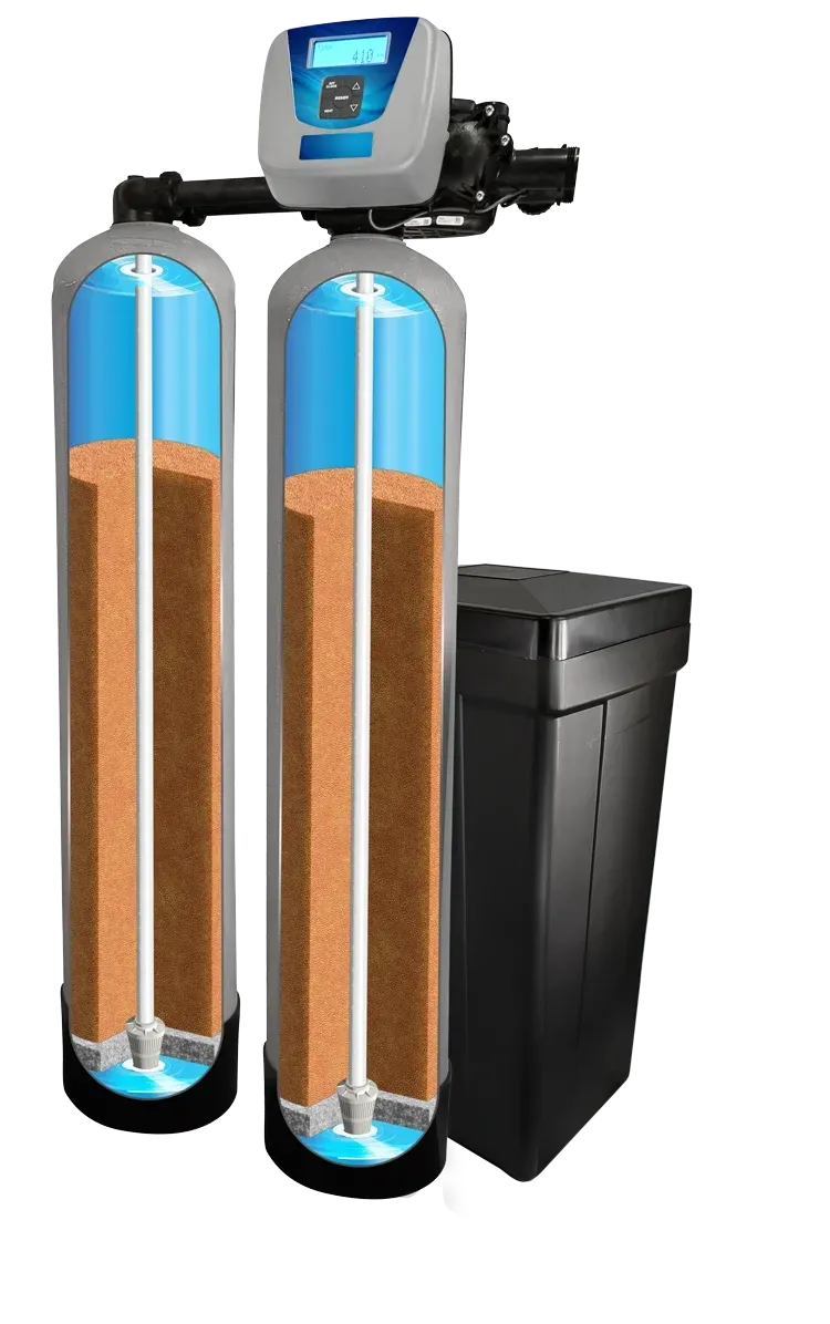 The Confluence twin-tank water softener shown in cutaway view with two media tanks and brine tank