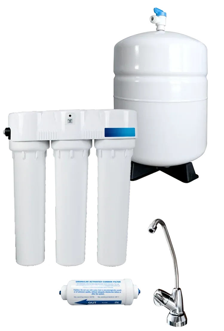 The Golden Triangle reverse osmosis system with built-in TDS monitor, storage tank and faucet