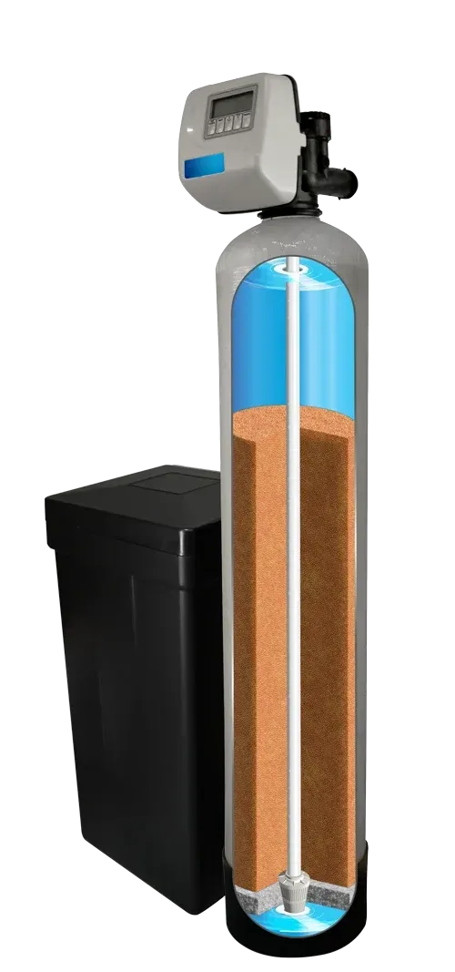 The Ohio water softener shown in cutaway view with brine tank