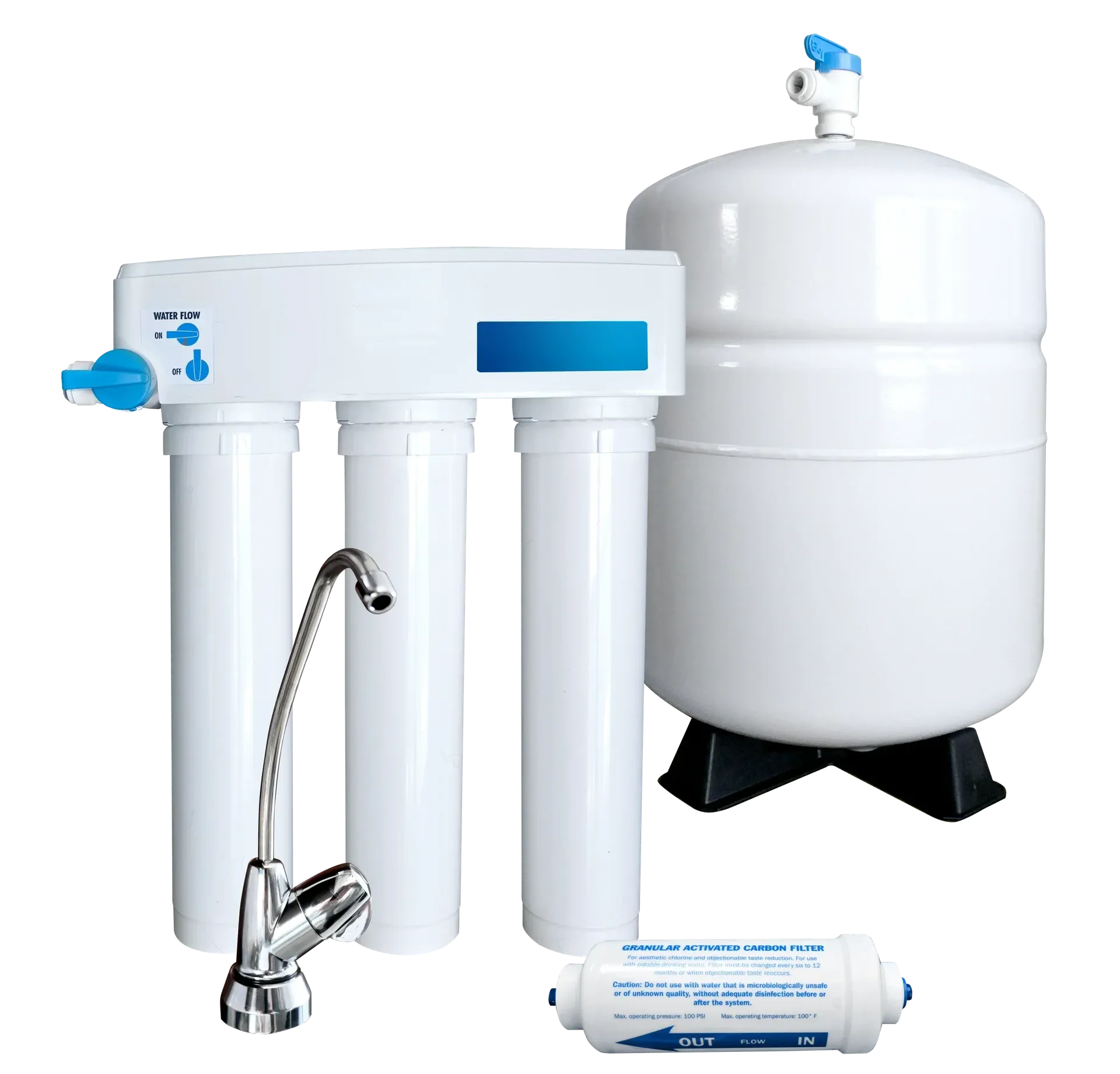 The Point reverse osmosis system: filter manifold, three cartridges, storage tank and dispensing faucet