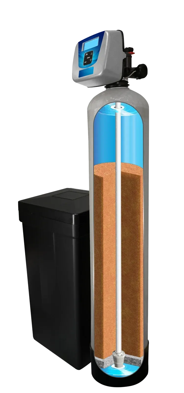 The Spartan water softener shown in cutaway view with brine tank