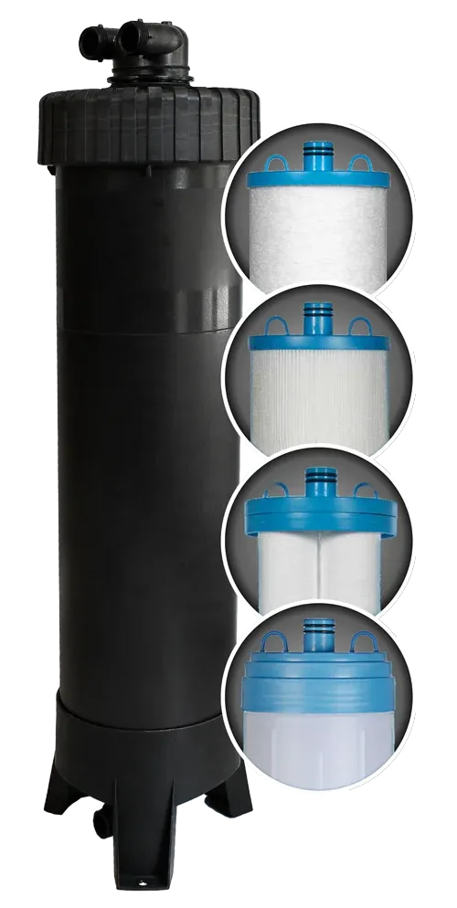 The Tributary cartridge filter housing shown with its interchangeable cartridge options